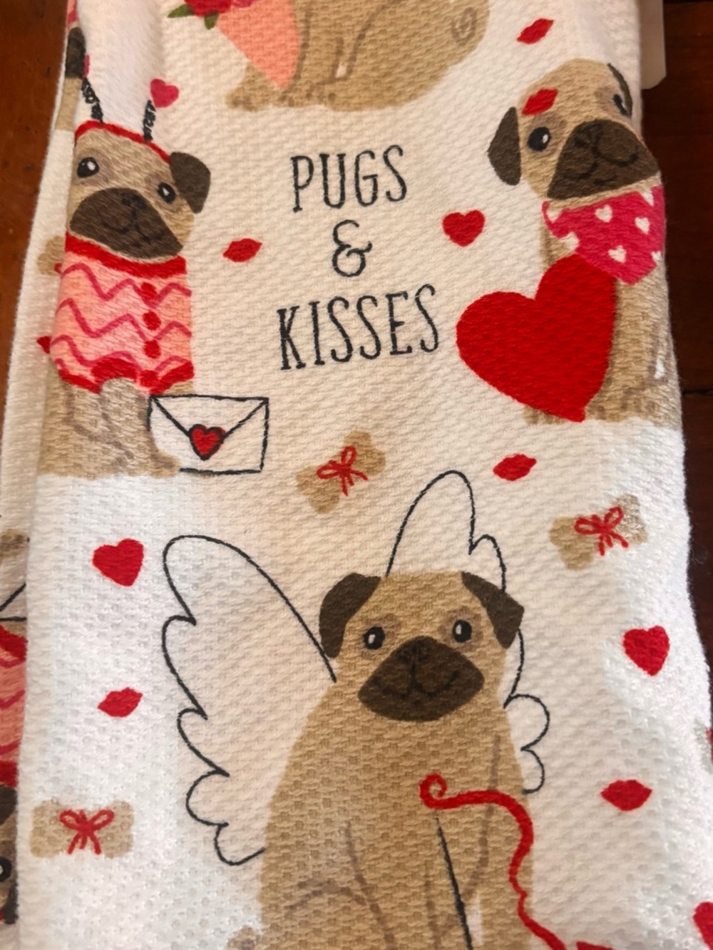 Isaac Mizrahi 2 White Kitchen Towel with Red and Tan Pug Hearts